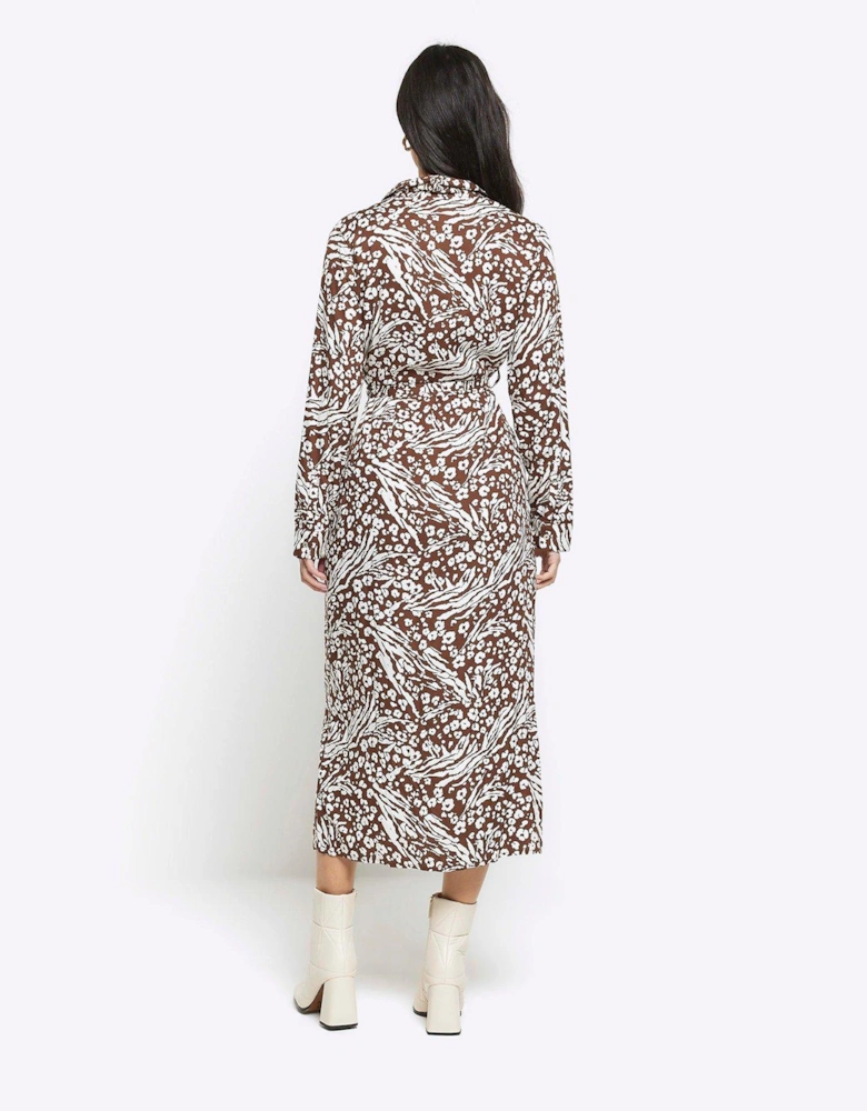 Animal Print Shirt Dress - Brown