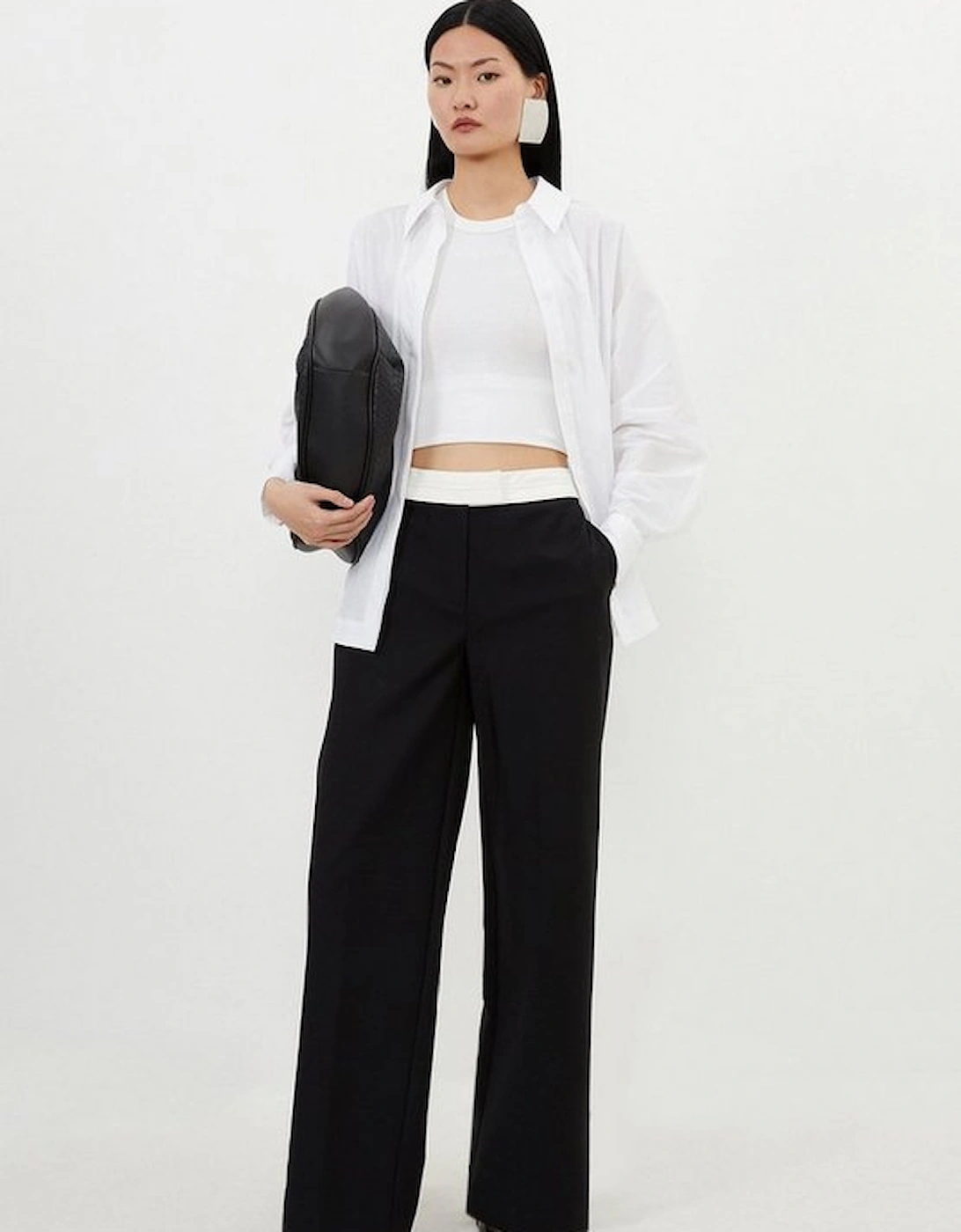 Contrast Waistband Techno Cotton Woven Wide Leg Trousers, 5 of 4
