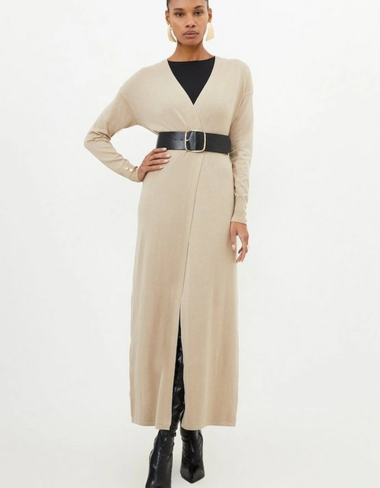 Viscose Blend Knit Belted Maxi Cardigan