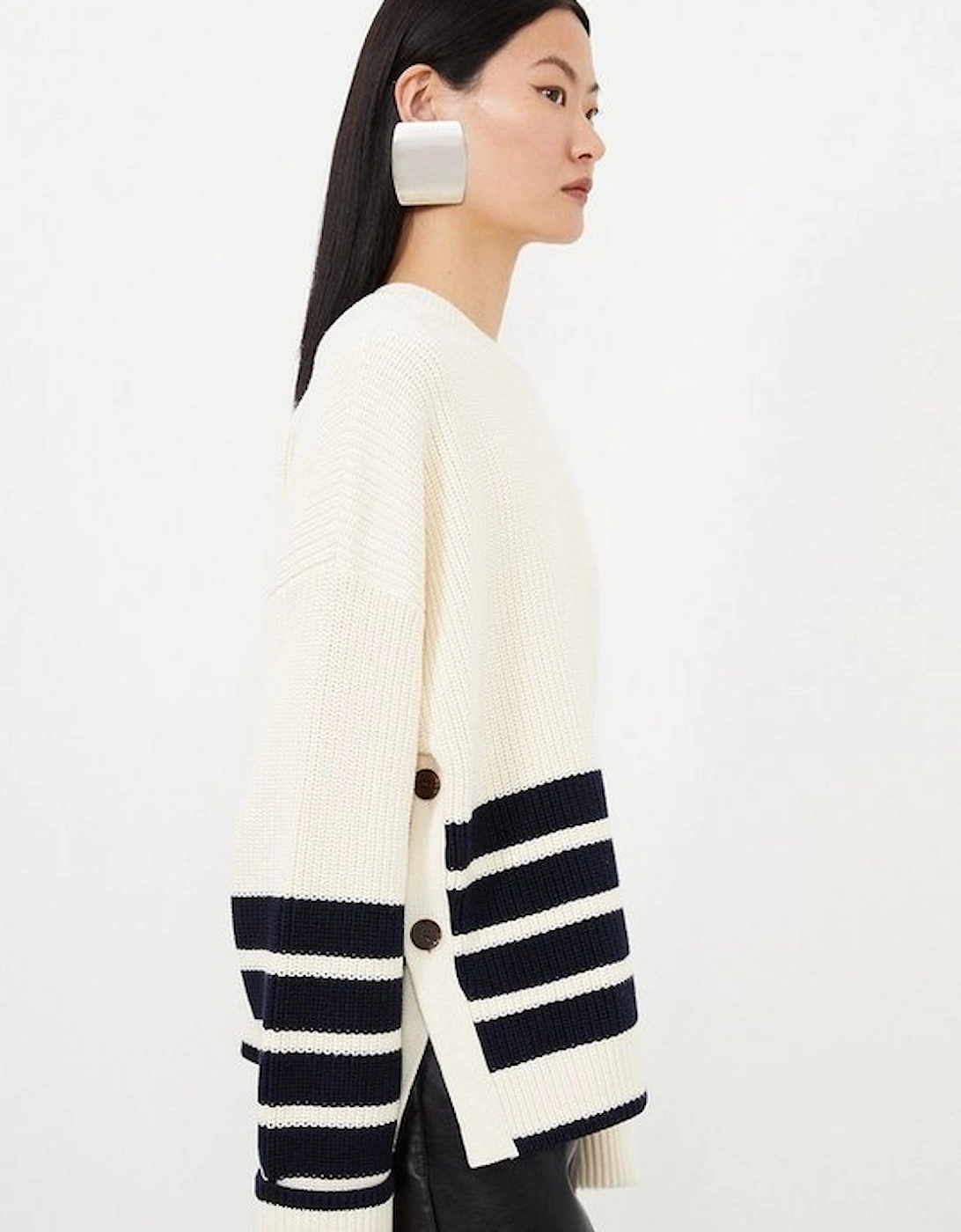 Cotton Knit Relaxed Stripe Jumper With Buttoned Splits