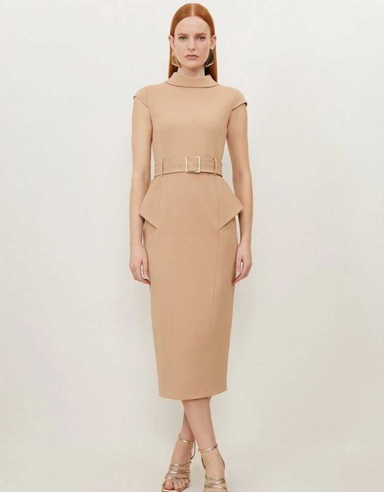 Structured Crepe Roll Neck Peplum Belted Midi Dress