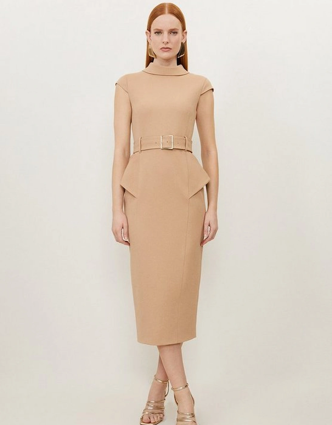 Structured Crepe Roll Neck Peplum Belted Midi Dress, 2 of 1