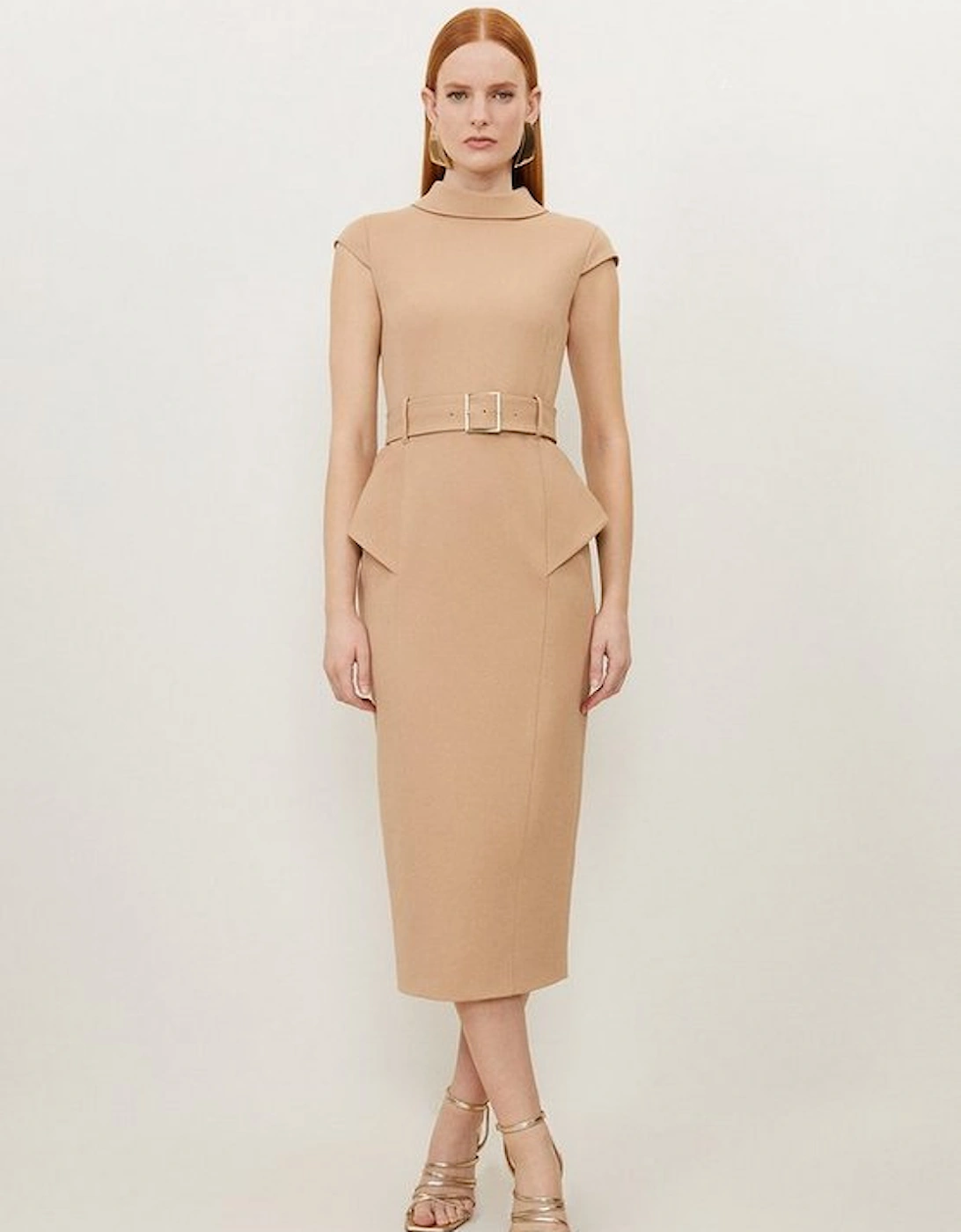 Structured Crepe Roll Neck Peplum Belted Midi Dress, 5 of 4