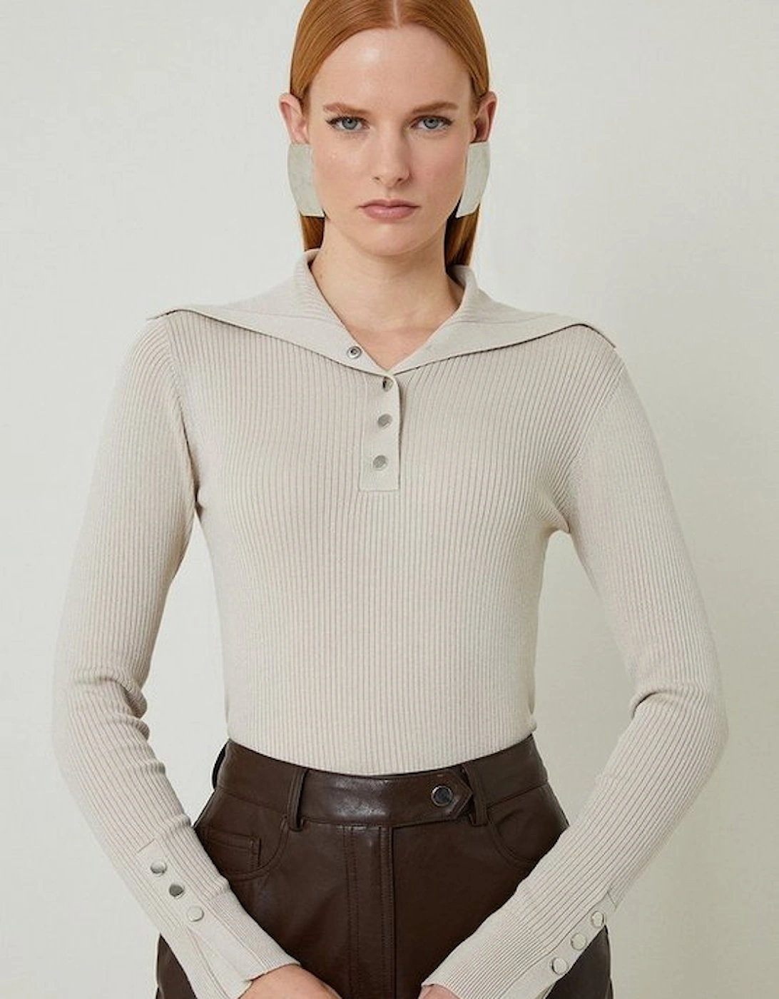 Viscose Blend Trimmed Collared Knit Top, 5 of 4