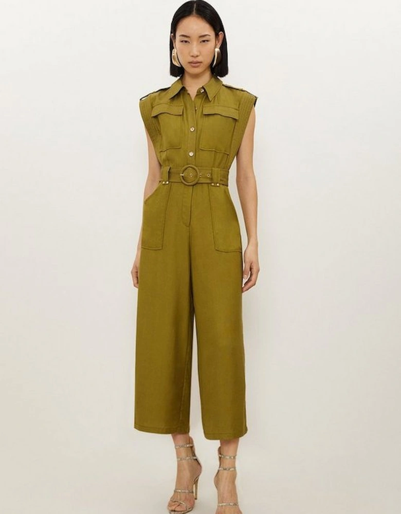 Premium Linen Viscose Topstitch Detail Utility Belted Woven Jumpsuit