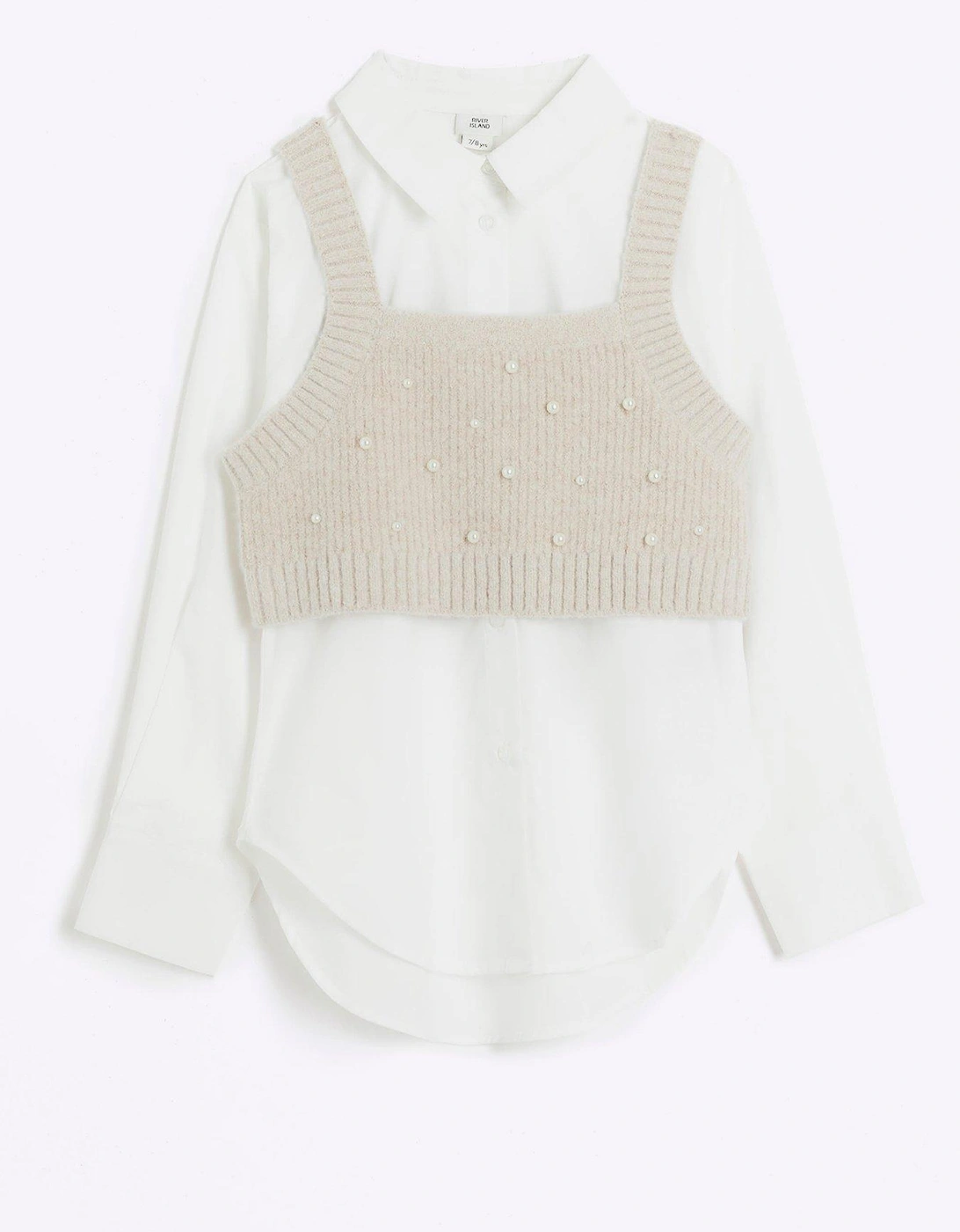Girls Pearl Hybrid Vest And Shirt Top - Beige