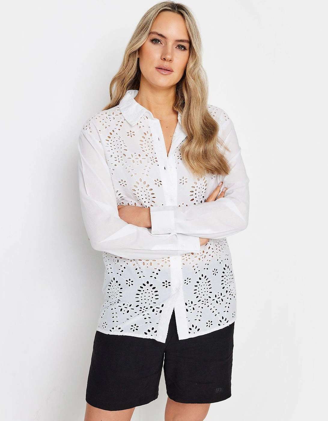 Tall White Broderie Ls Shirt, 2 of 1
