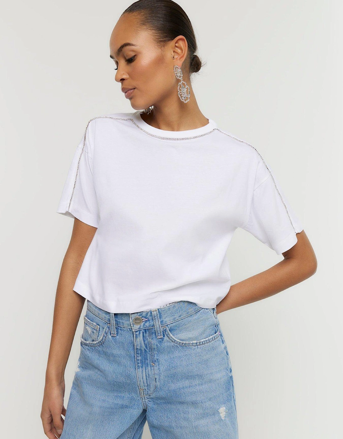 Diamante Neck Trim Tee - White, 3 of 2