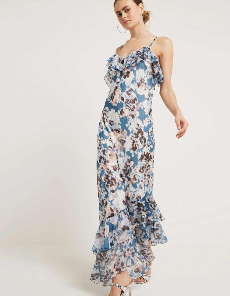 Asymmetric Floral Dress - Blue