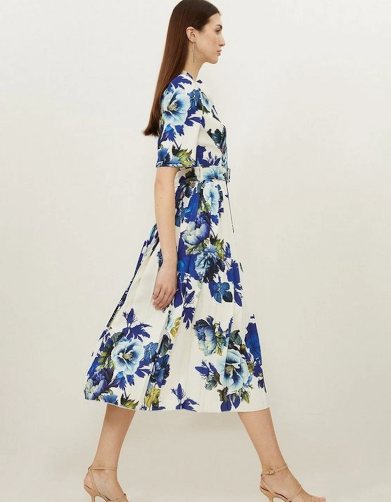 Tailored Crepe Floral Forever Pleated Midi Dress