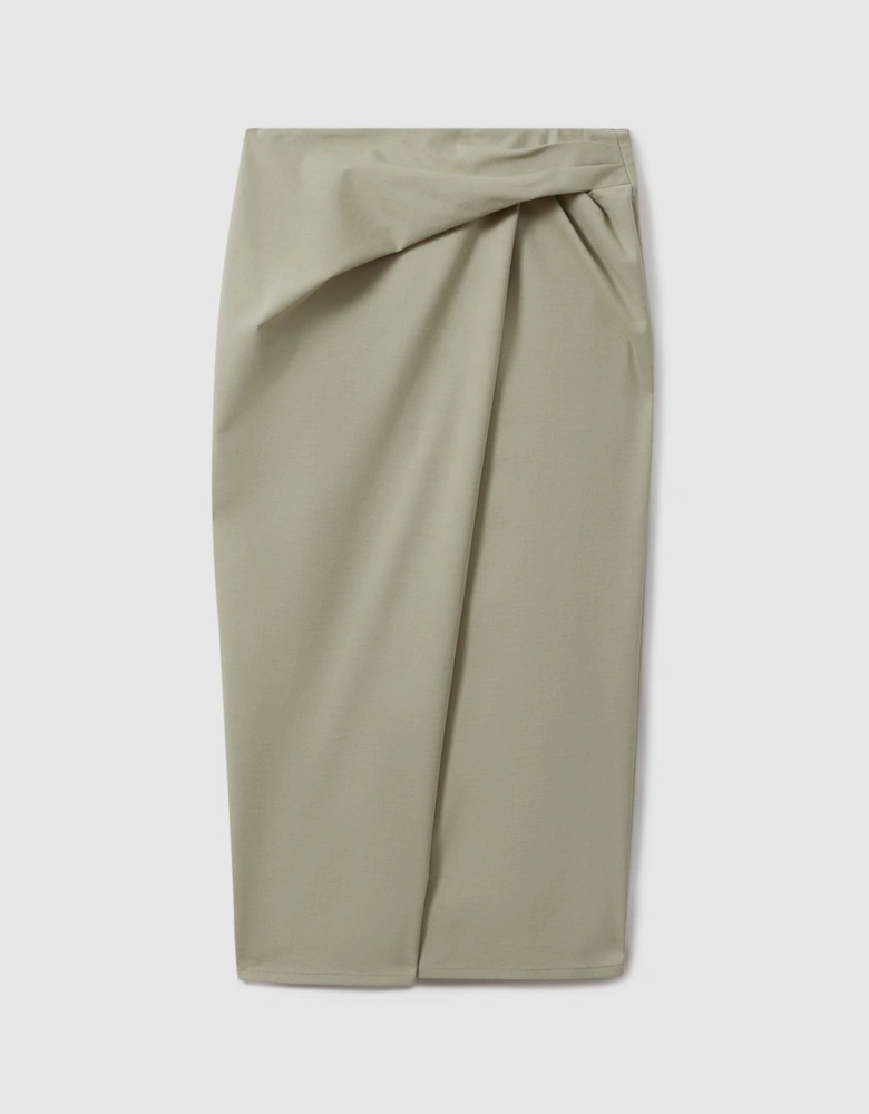 Cotton Blend Wrap Front Midi Skirt