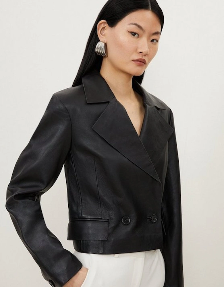 Leather Tab Detail Double Breasted Cropped Blazer