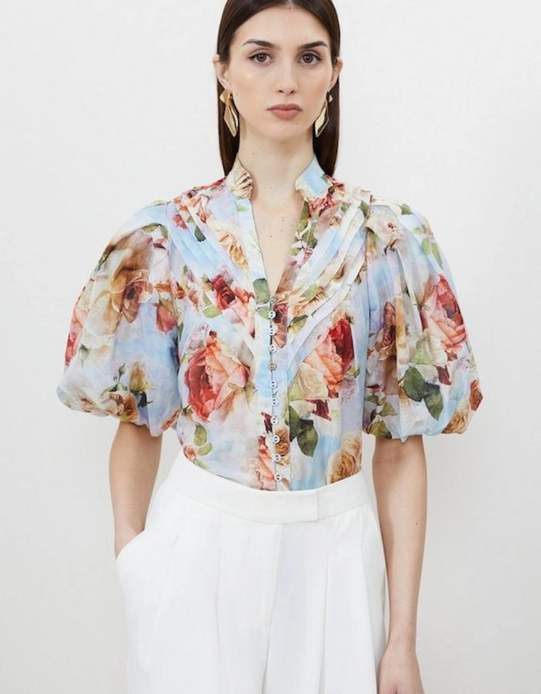 Rose Floral Silk Cotton Woven Blouse