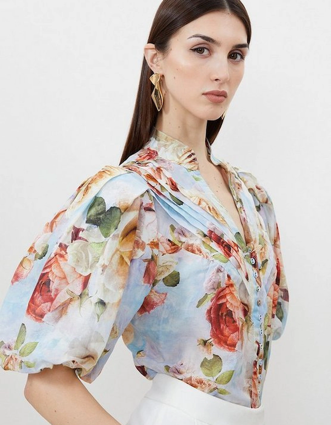 Rose Floral Silk Cotton Woven Blouse