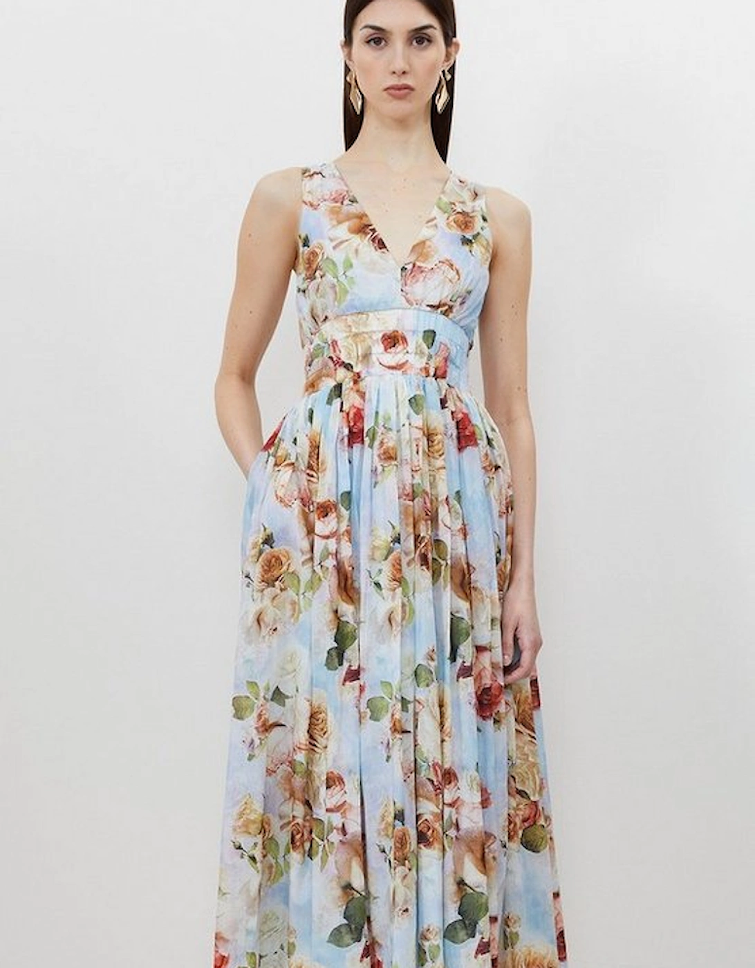 Silk Cotton Rose Print Plunge Woven Maxi Dress, 5 of 4
