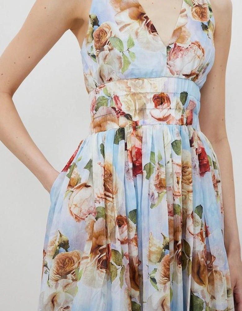 Silk Cotton Rose Print Plunge Woven Maxi Dress