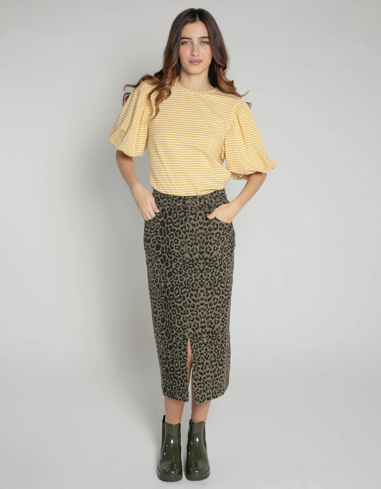 Frankie Denim Skirt in Khaki Leopard Print