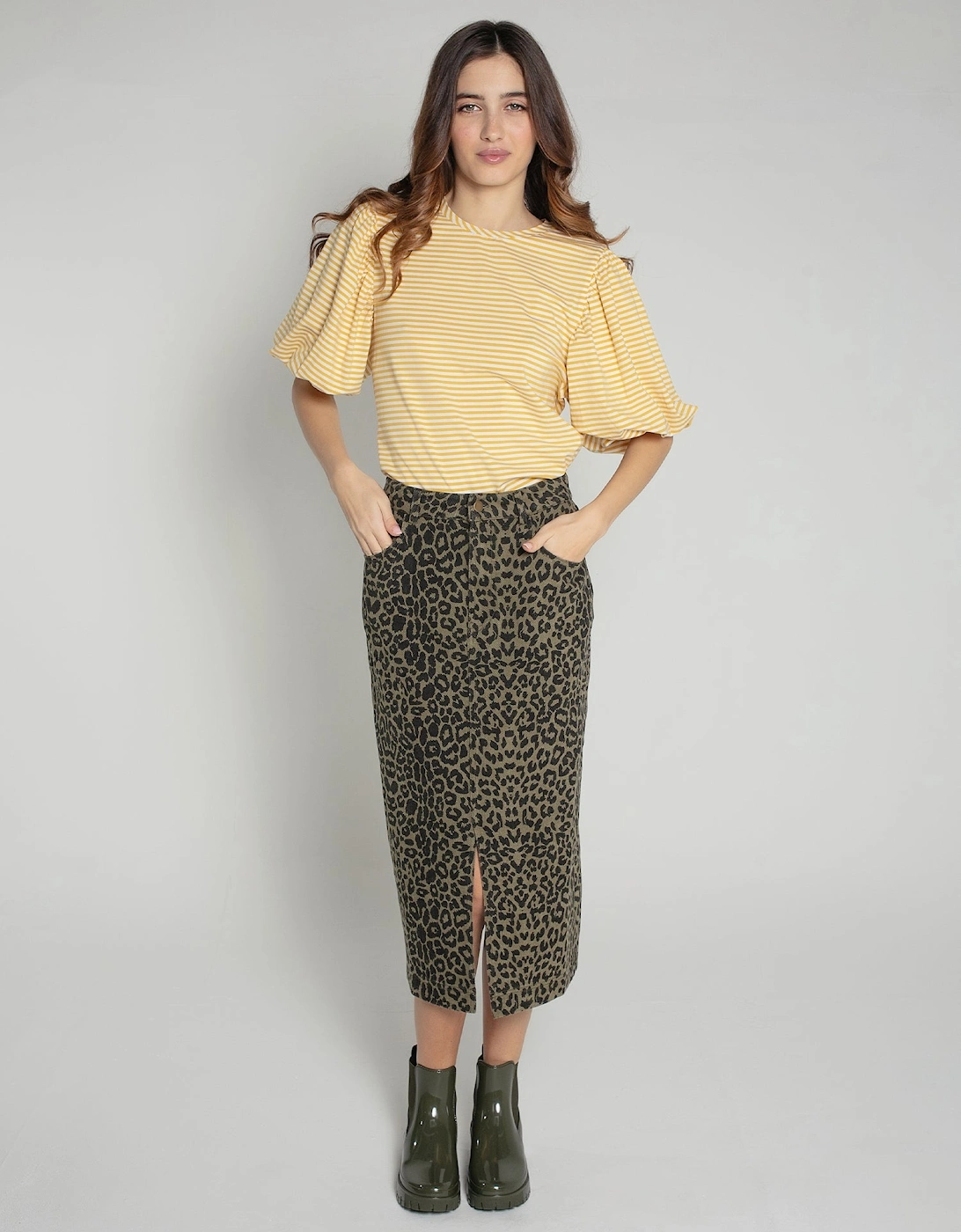 Frankie Denim Skirt in Khaki Leopard Print, 7 of 6