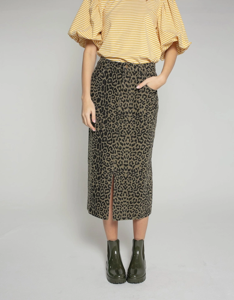 Frankie Denim Skirt in Khaki Leopard Print