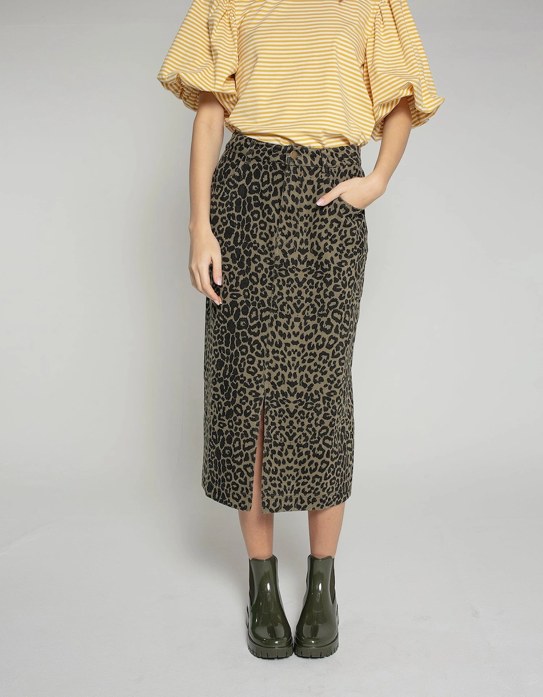 Frankie Denim Skirt in Khaki Leopard Print