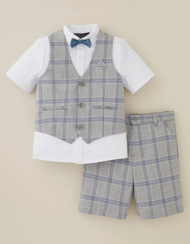 Boys Check Shorts, Waistcoat, Short Sleeve Shirt and Tie Set - Grey