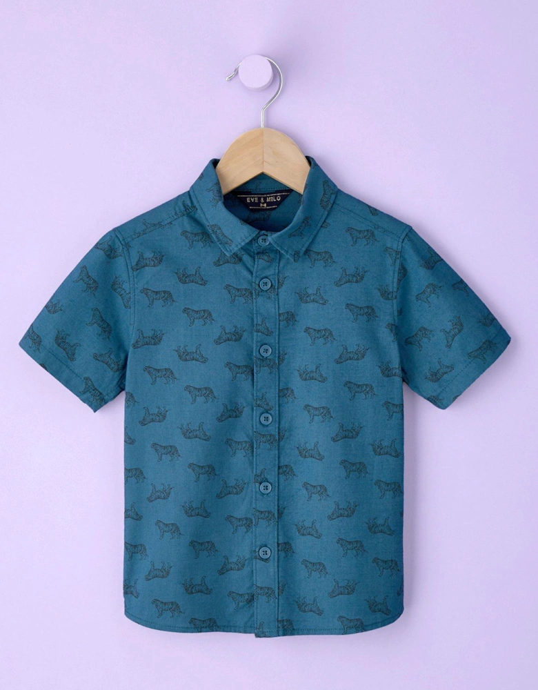 Boys Short Sleeve Tiger Print Shirt - Blue