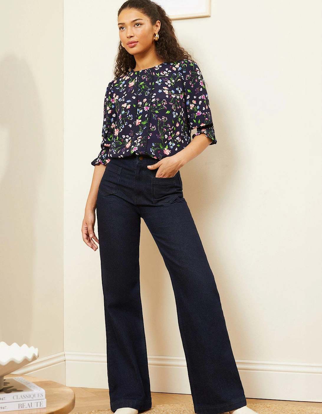 Lace Trim Flute Sleeve Blouse - Navy, 3 of 2