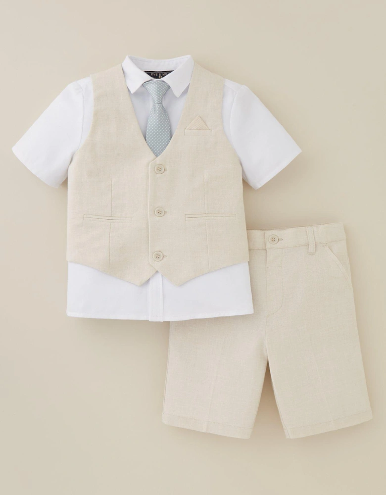 Boys Shorts, Waistcoat, Short Sleeve Shirt and Tie Set - Stone