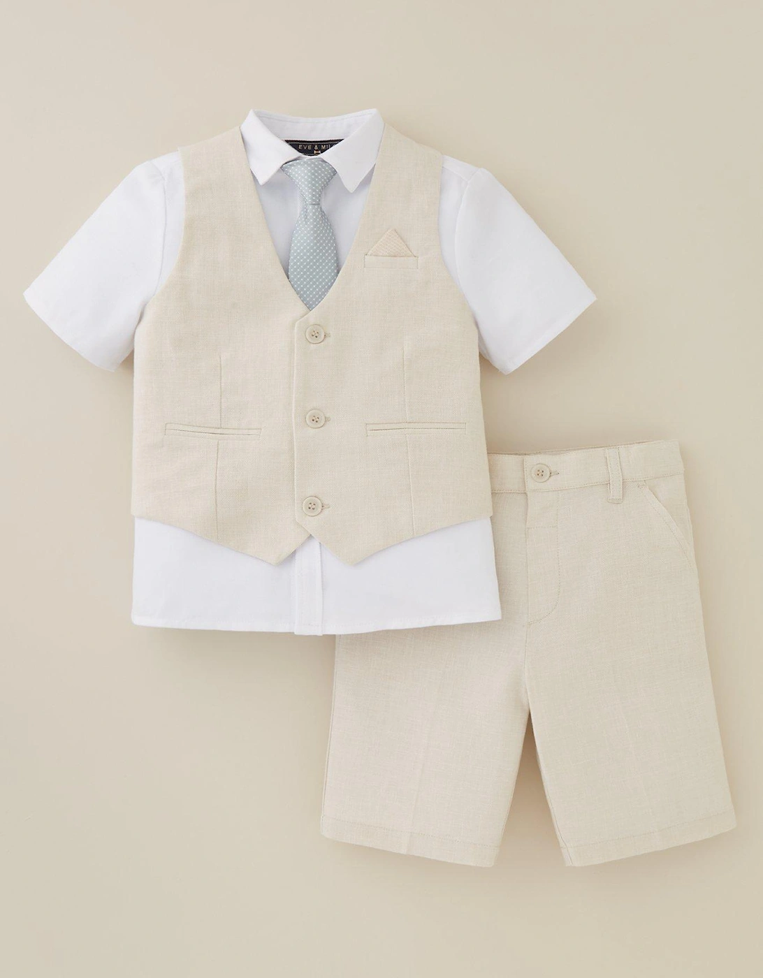 Boys Shorts, Waistcoat, Short Sleeve Shirt and Tie Set - Stone, 5 of 4