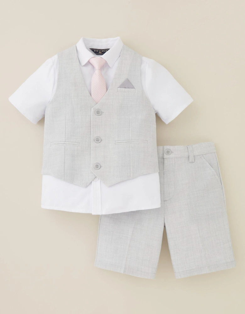 Boys Shorts, Waistcoat, Short Sleeve Shirt and Tie Set - Grey