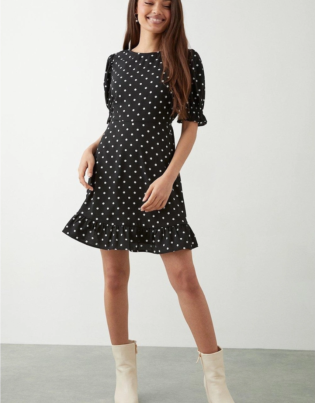 Womens/Ladies Spotted Ruffle Hem Petite Mini Dress