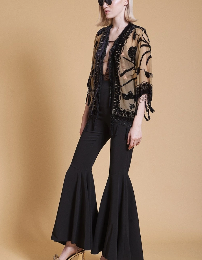 Black Devore Tasseled Kimono Jacket