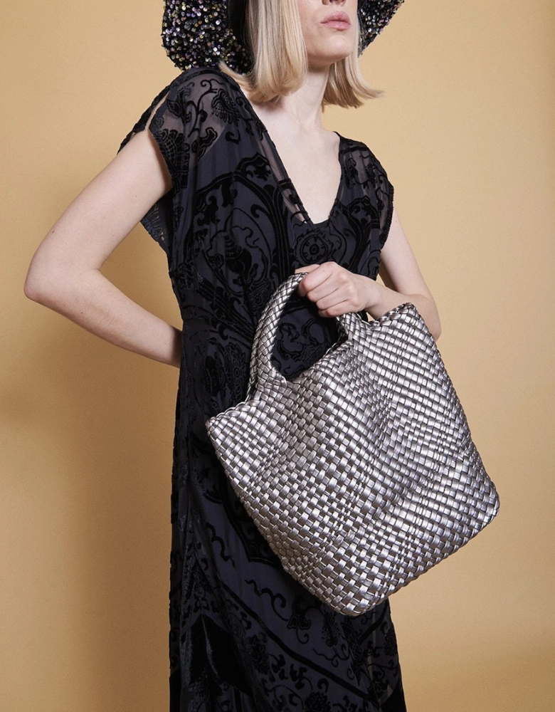 Grey Hand Knitted Leather Tote Bag with Matching Purse