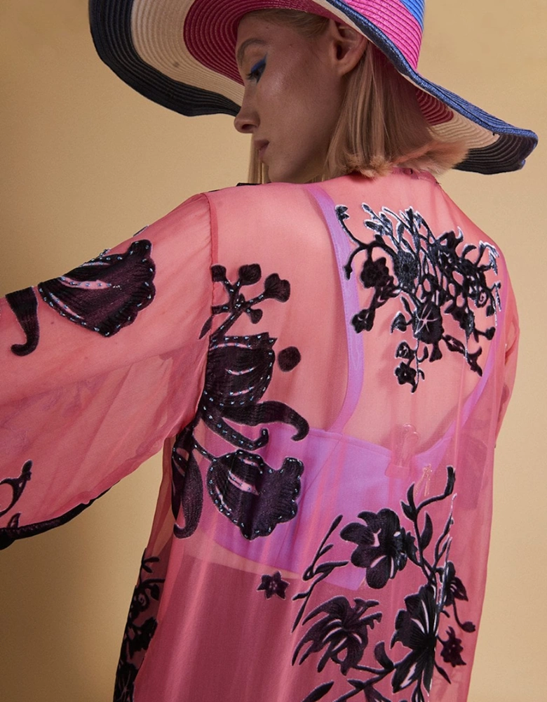 Red Long Length Devore Kimono Style Jacket