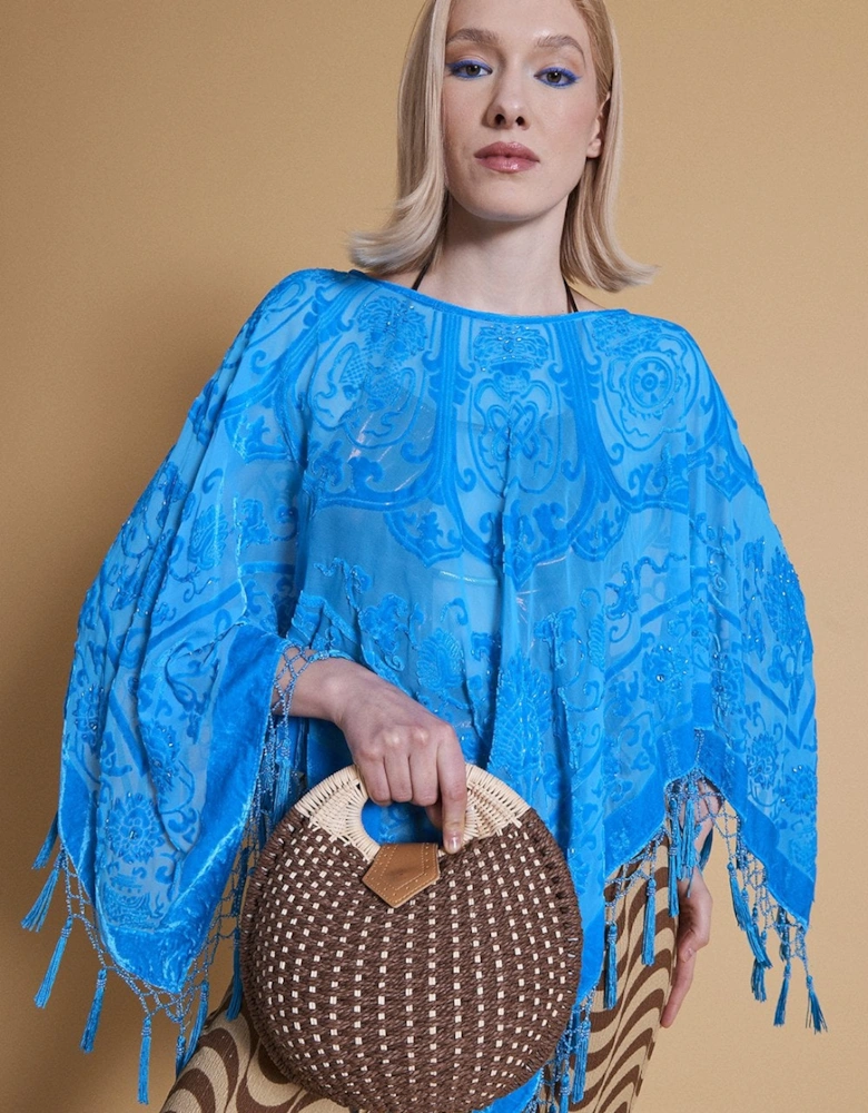 Blue Silk Devore Poncho