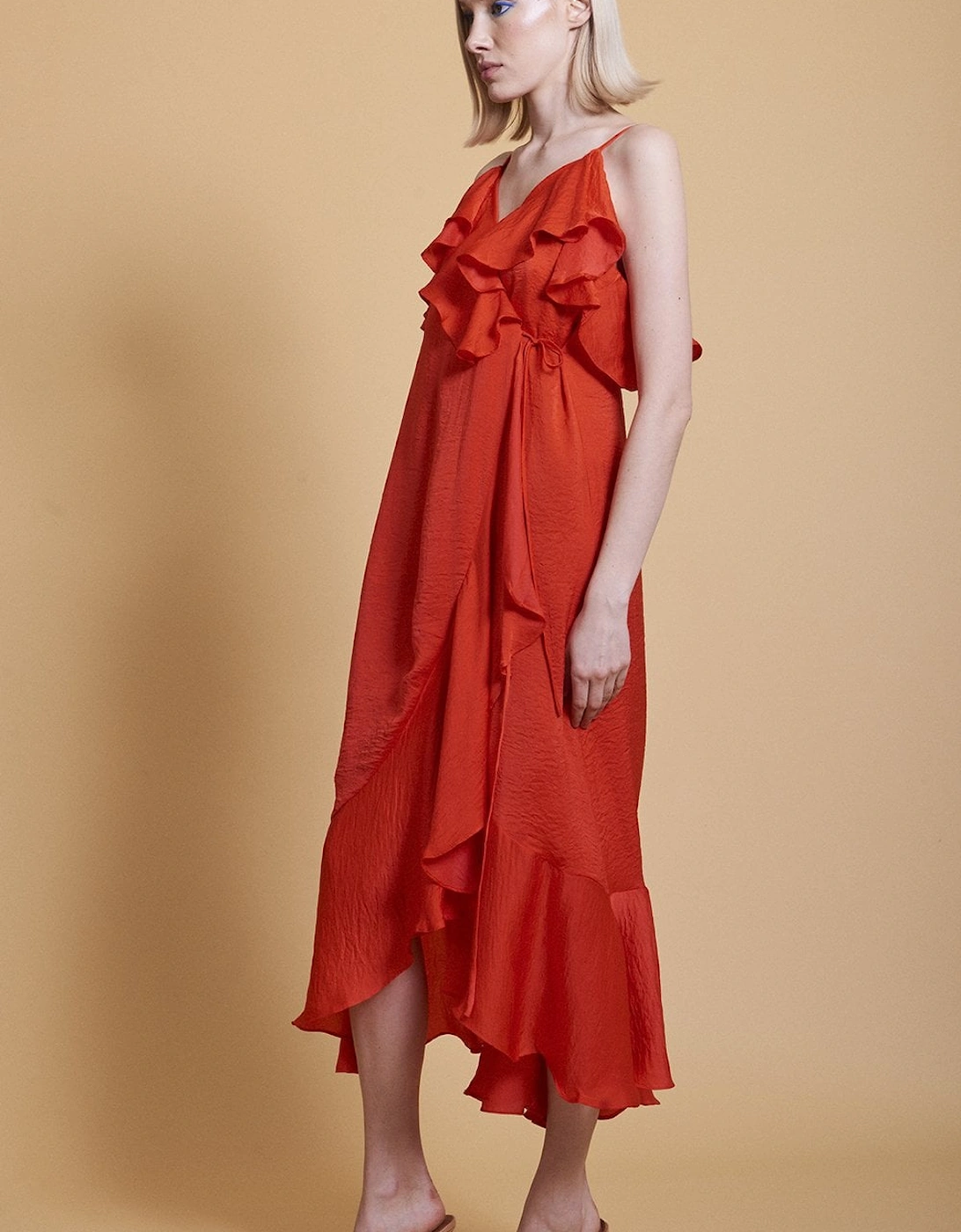 Red Silk Blend Maxi Wrap Ruffle Dress