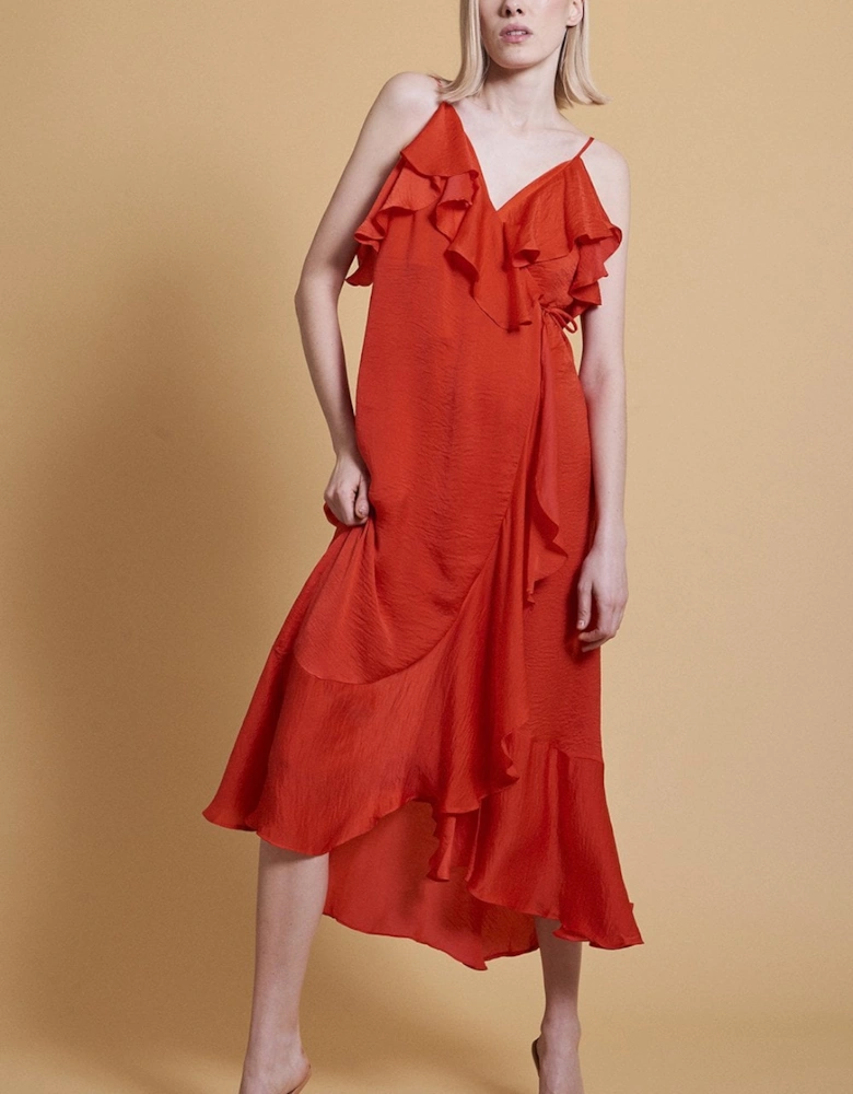 Red Silk Blend Maxi Wrap Ruffle Dress