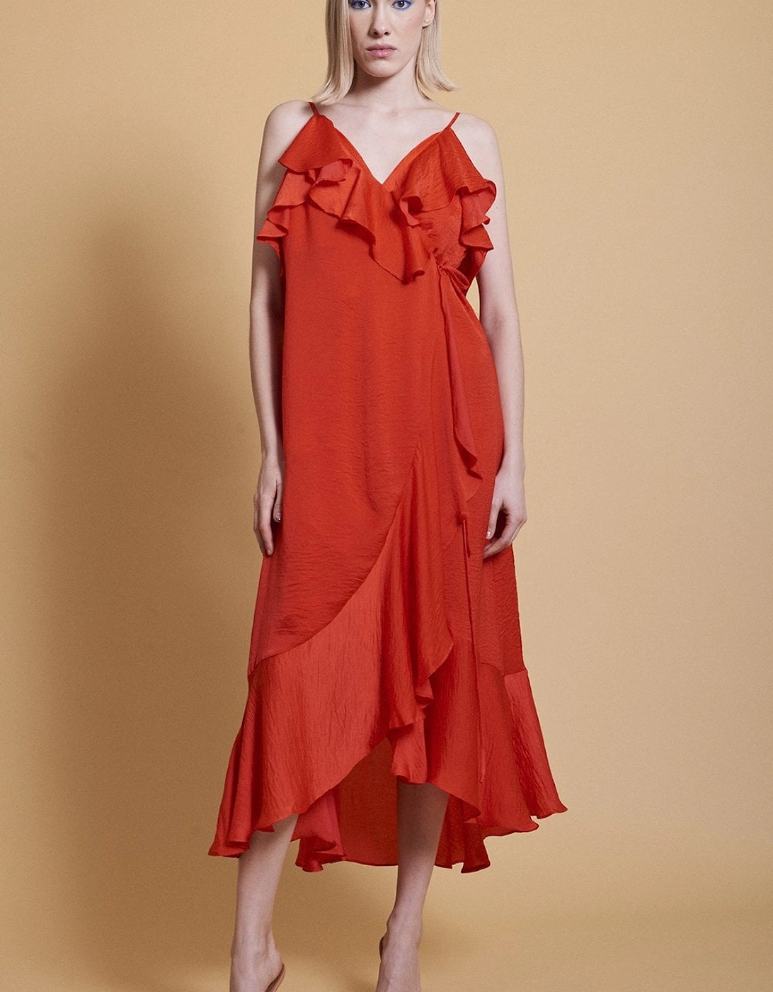 Red Silk Blend Maxi Wrap Ruffle Dress