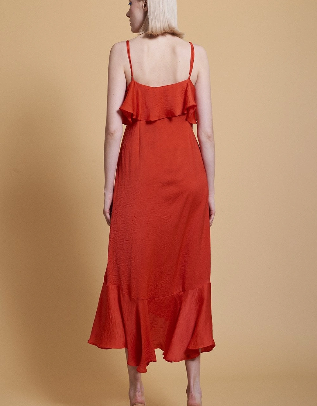 Red Silk Blend Maxi Wrap Ruffle Dress