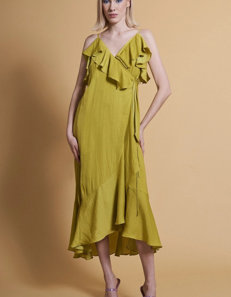 Chartreuse Silk Blend Maxi Ruffle Wrap Dress