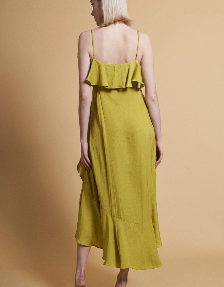 Chartreuse Silk Blend Maxi Ruffle Wrap Dress