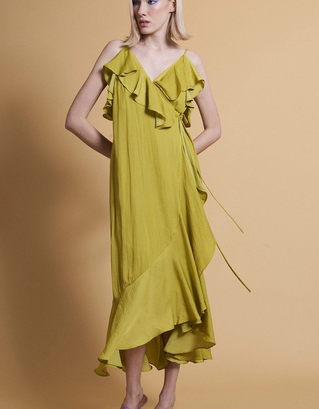 Chartreuse Silk Blend Maxi Ruffle Wrap Dress
