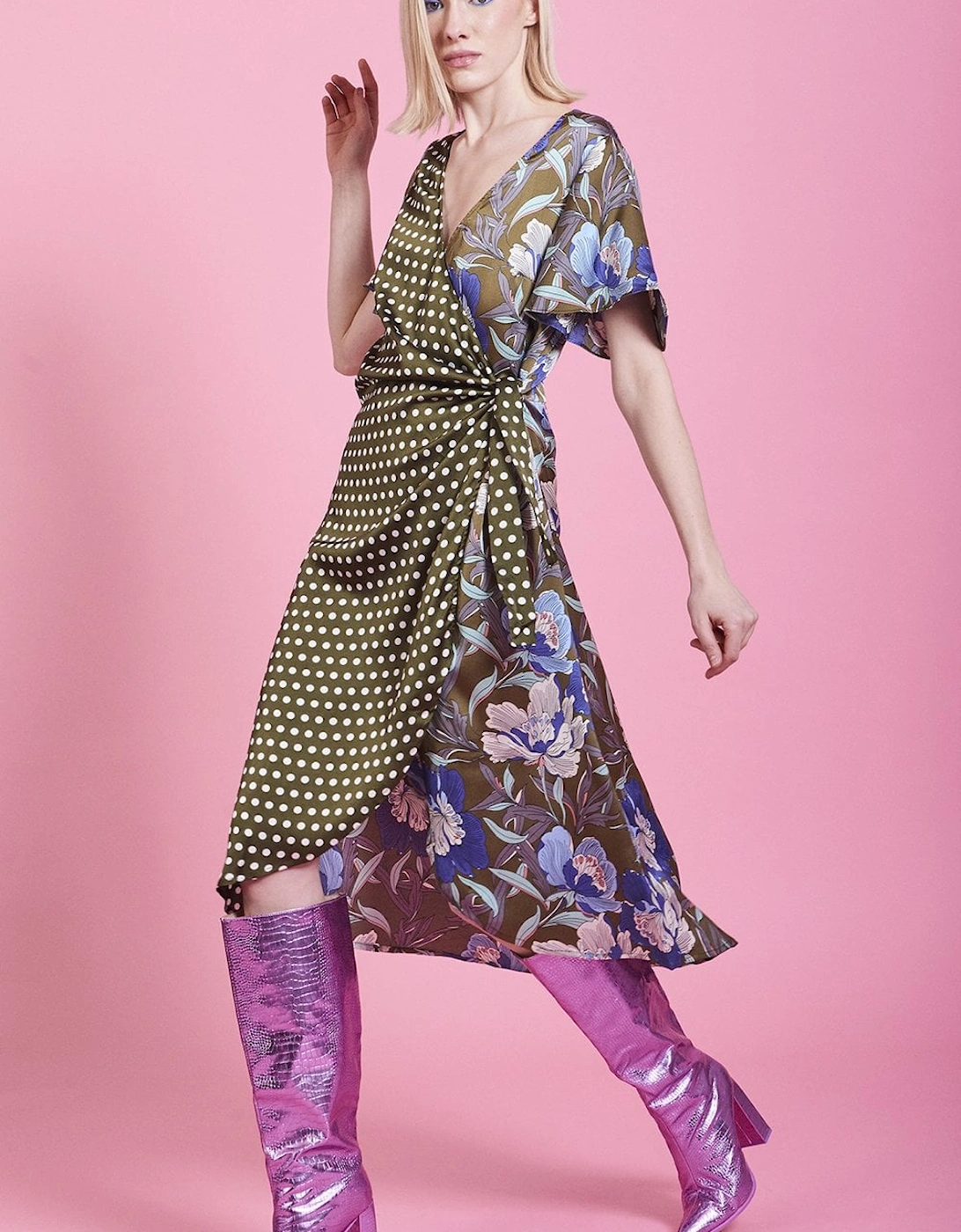 Khaki Mixed Print Silk Blend Wrap Dress, 5 of 4