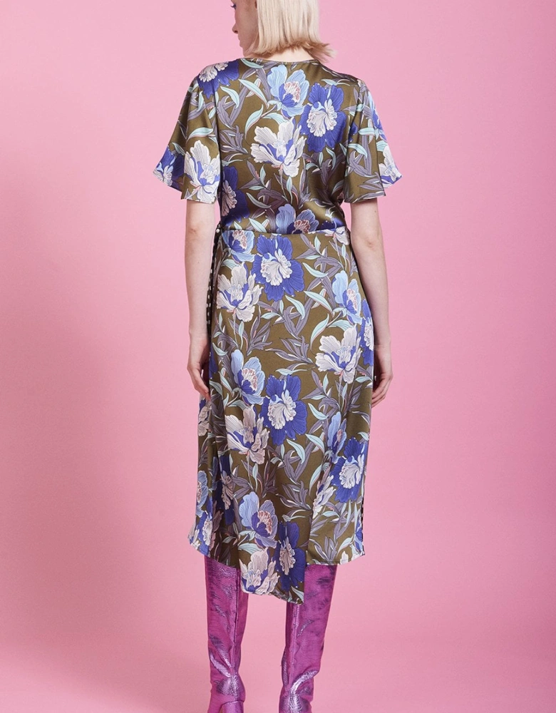 Khaki Mixed Print Silk Blend Wrap Dress