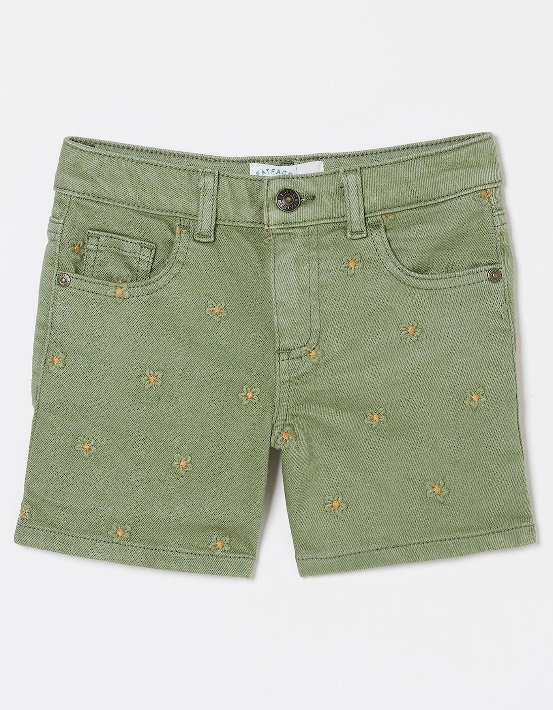 FatFace Girls Daisy Embroidered Denim Shorts - Khaki Green, 2 of 1