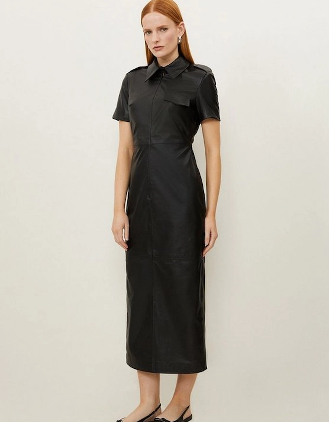 Leather Collared Short Sleeve Midi Pencil Dress, 5 of 4