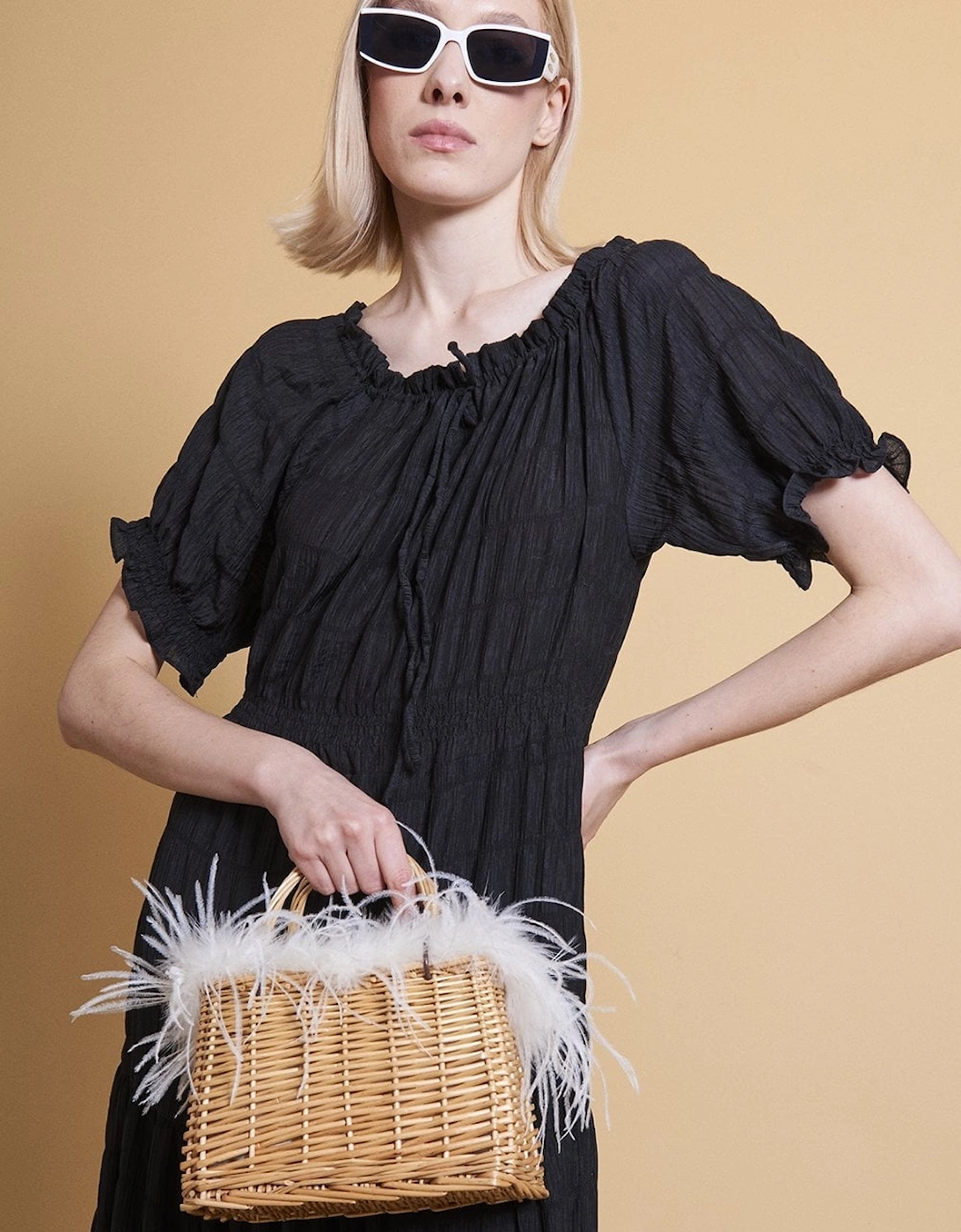 White Hand Made Salines Straw Bag with Ostrich Feather, 5 of 4