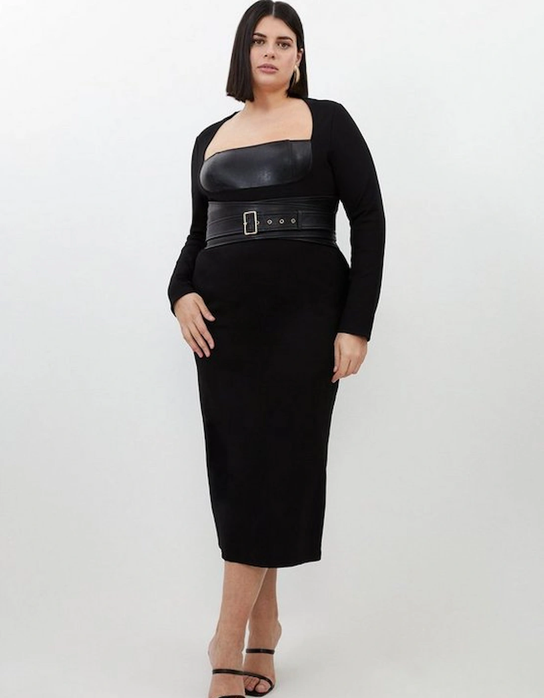 Plus Size Ponte And Pu Mix Buckle Detail Midi Dress, 5 of 4