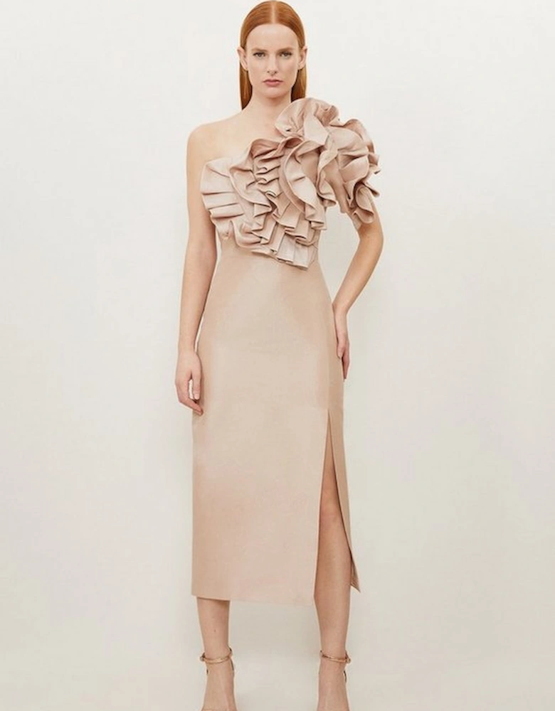 Tall Metallic Taffeta Rosette Midi Off The Shoulder Dress