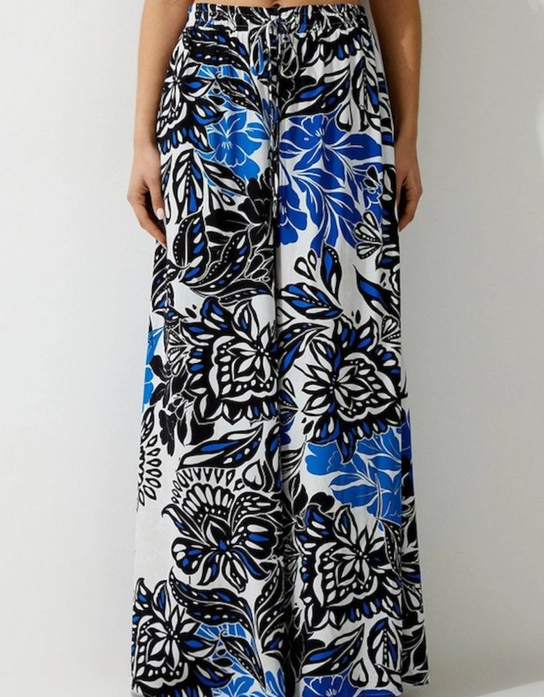 Floral Printed Viscose Crepe Woven Wide Leg Trousers